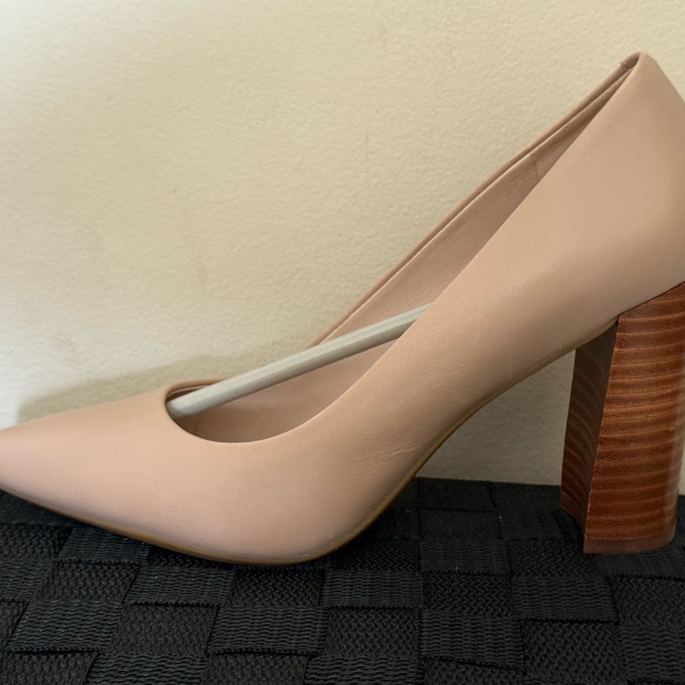 Cream Chunky Heels with Wooden Block Heel